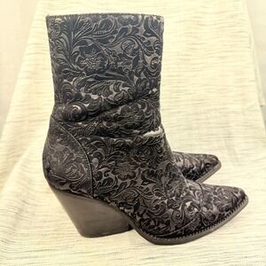 Jeffrey Campbell Free‎ People Black Leather Jacquard Embossed Ankle Boots 10